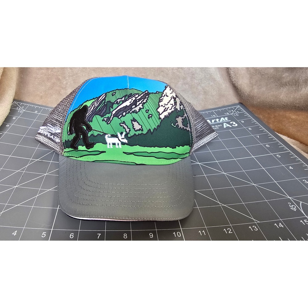 Headsweats Bigfoot Walking Dog Trucker Hat Gray Blue Mesh Snapback Mountain Cap